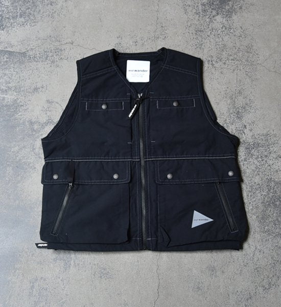 【and wander】アンドワンダー men's laser hole nylon taffeta vest "Charcoal"