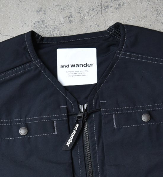 【and wander】アンドワンダー men's laser hole nylon taffeta vest "Charcoal"