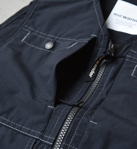 【and wander】アンドワンダー men's laser hole nylon taffeta vest "Charcoal"